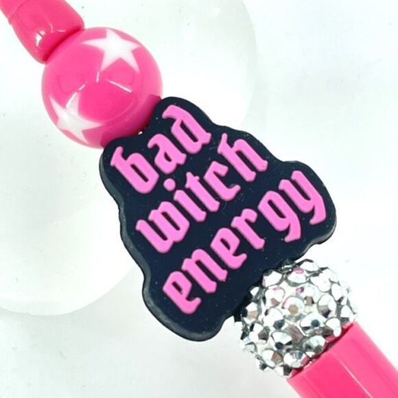 Bad Witch Energy Halloween pen handmade NEW bling rhinestone hot pink black silv - Picture 5 of 6